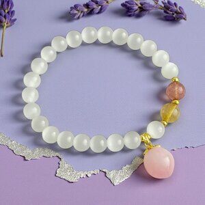 🆕 Elegant Natural Opal Beaded Dainty Stretchy Bracelet with Pink Peach Charm